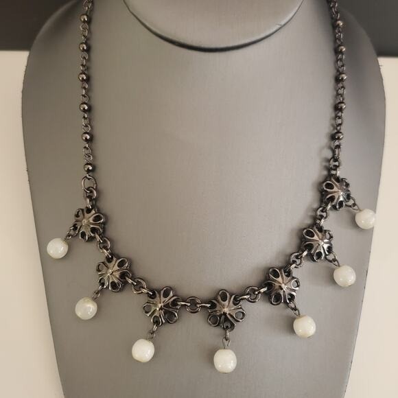 Babylone Paris Gunmetal Floral Pearl Drop Necklace French Designer Jewelry