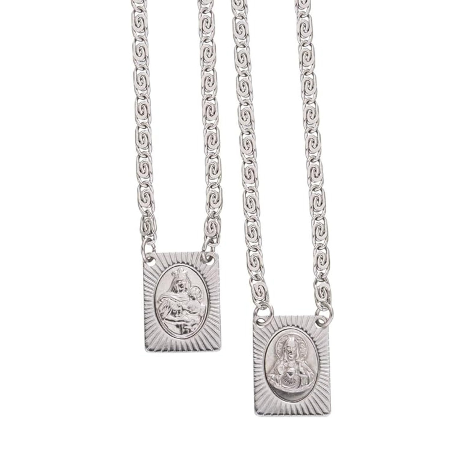 Stainless Steel Scapular Necklace 14 Inch Sacred Heart & Our Lady of Mount