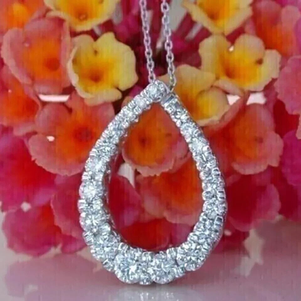 Round Simulated Diamond Women’s Stunning Teardrop Pendant 14K White Gold Plated