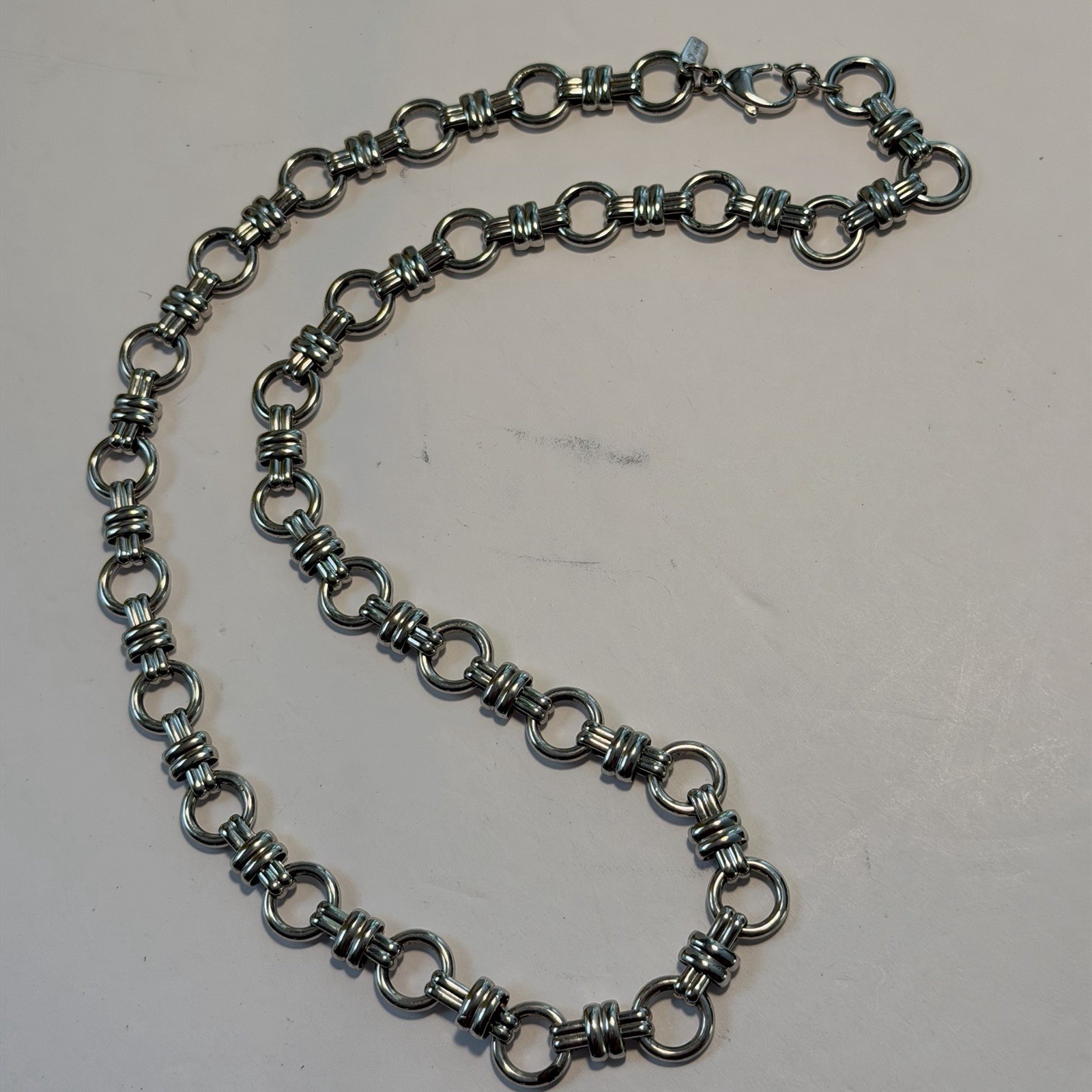 Vintage MONET Silver Tone Geometric Link Necklace Heavy ModernistRound Bar Chain
