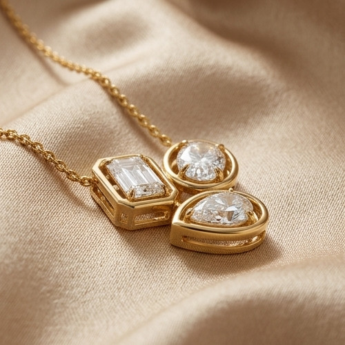3.00Ct Multi Cut Moissanite VVS1 3-Stone Pendant Necklace 14K Yellow Gold Plated