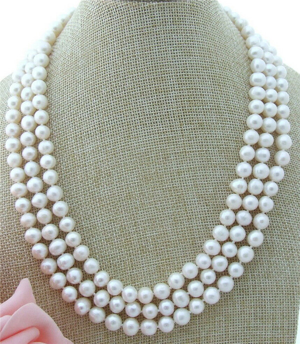 8-9MM 3 Strands White Pearl Necklace CZ Clasp 19-21inch