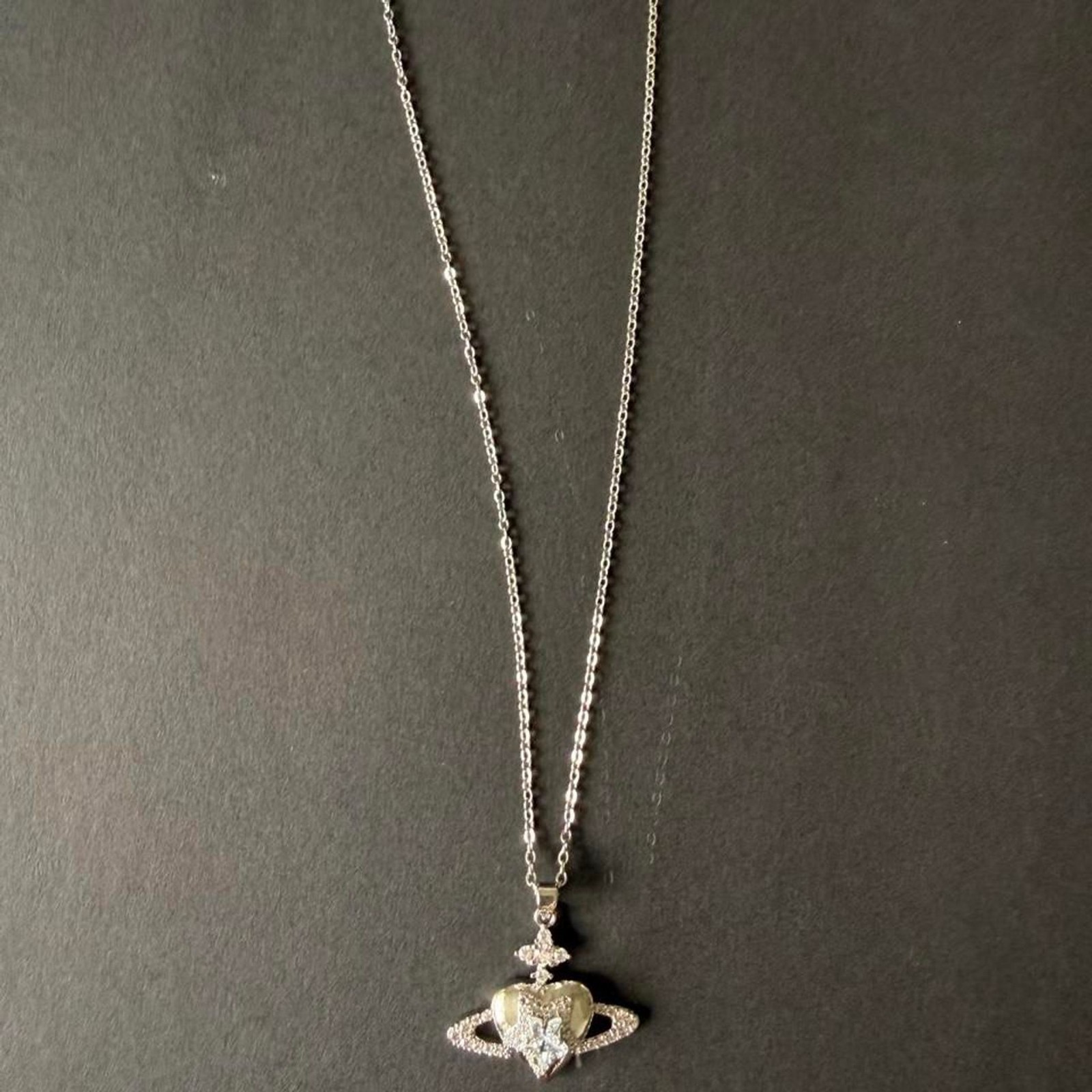 Sparkling Heart Saturn CZ Pendant Stainless Steel Necklace
