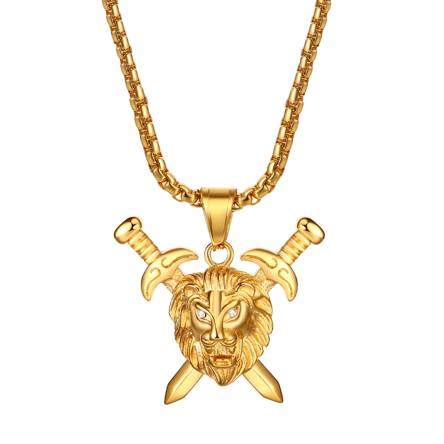 Mens Boys Hip Hop Gold Tone Lion Head Stainless Steel Pendant Necklace Chain 22″