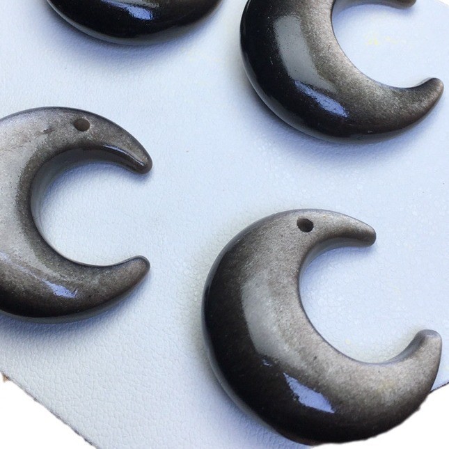 Natural 26x10mm Silvery Obsidian Moon Pendant Reiki Healing Gemstone Pendant