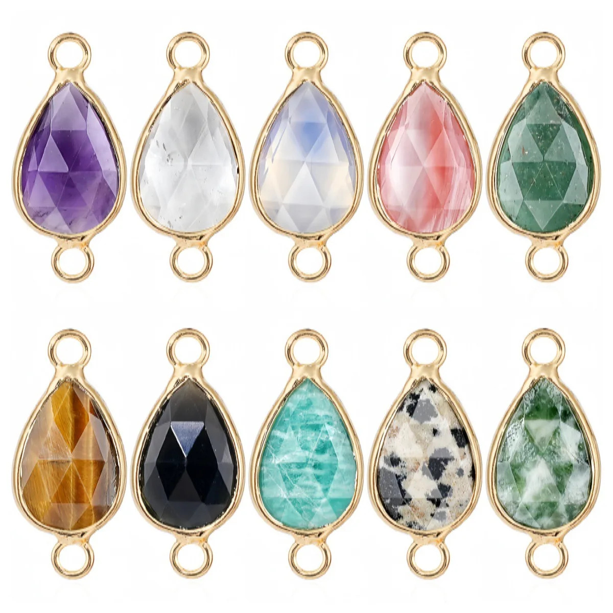6PC 9x21mmTeardrop Connector Charms Faceted Crystal Double Loops Gold Tone