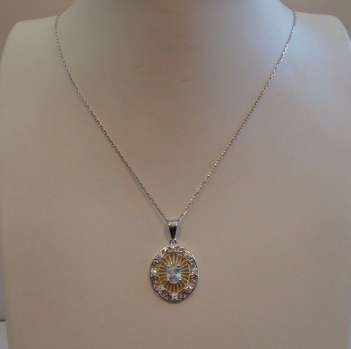 TWO TONE NECKLACE PENDANT W/ 1 CT LAB CREATED DIAMONDS 925 STERLING SILVER