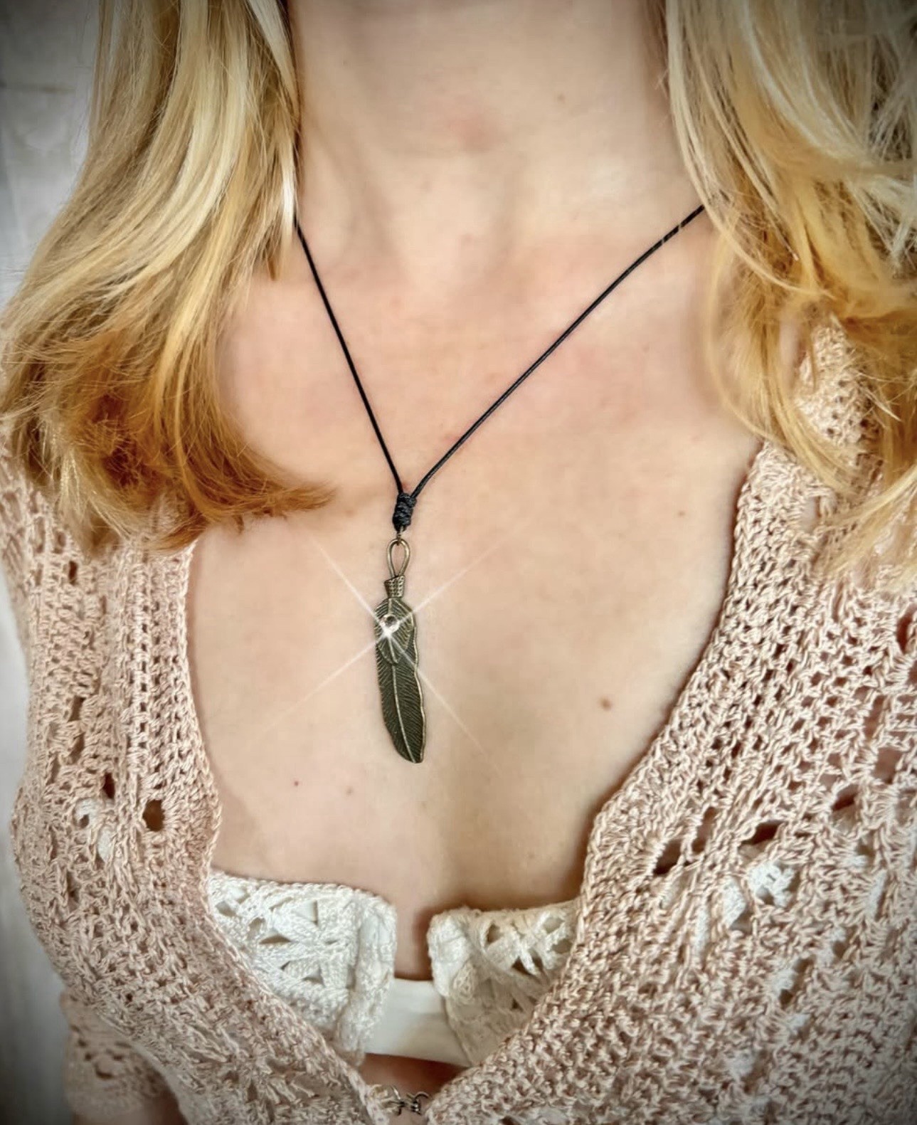 Adjustable Black Cord Necklace w/ Bronze Feather Charm Pendant, Slip Knot