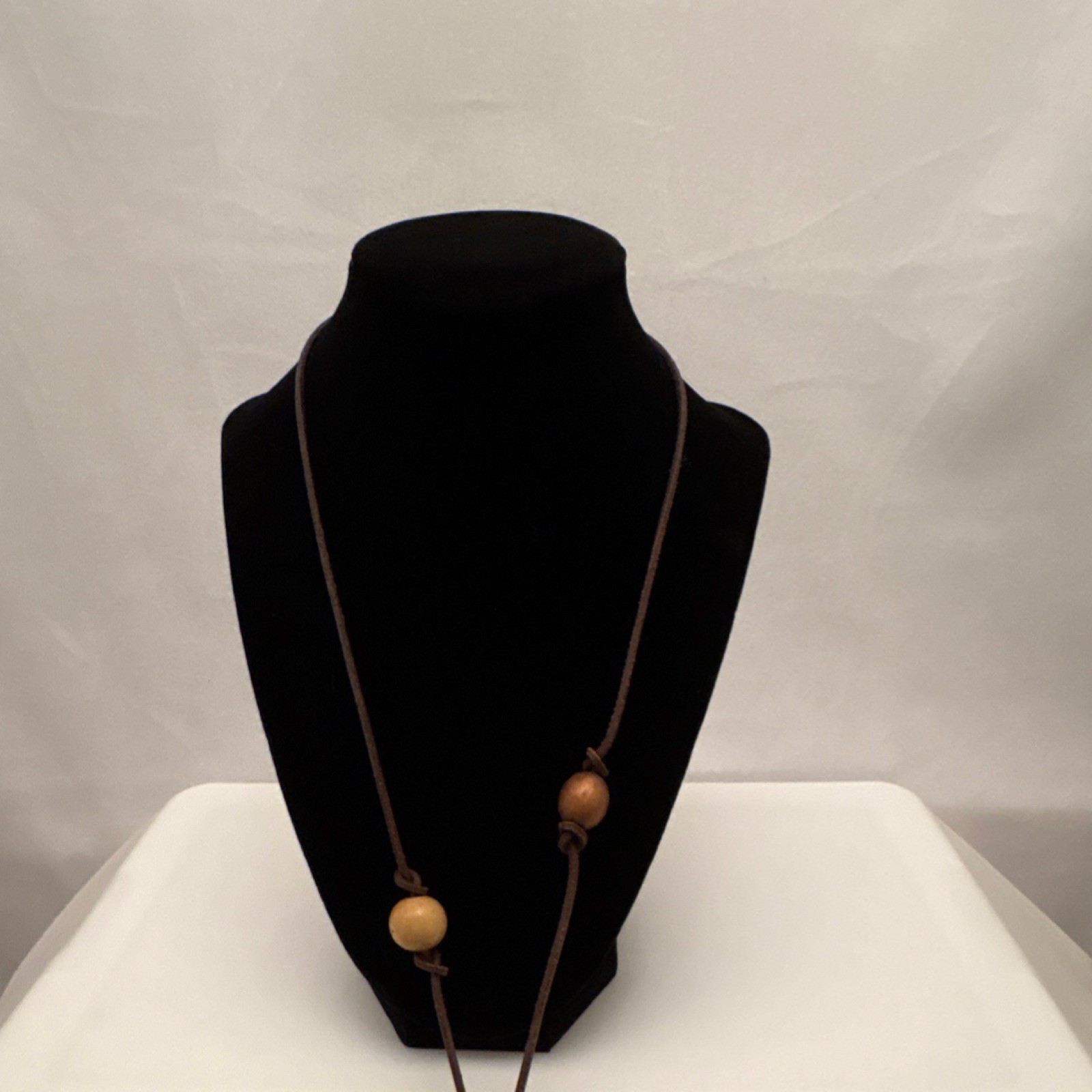 Vtg Multicolor Wood, Metal & Carved Bead Cord Necklace with Asian Charm Pendant