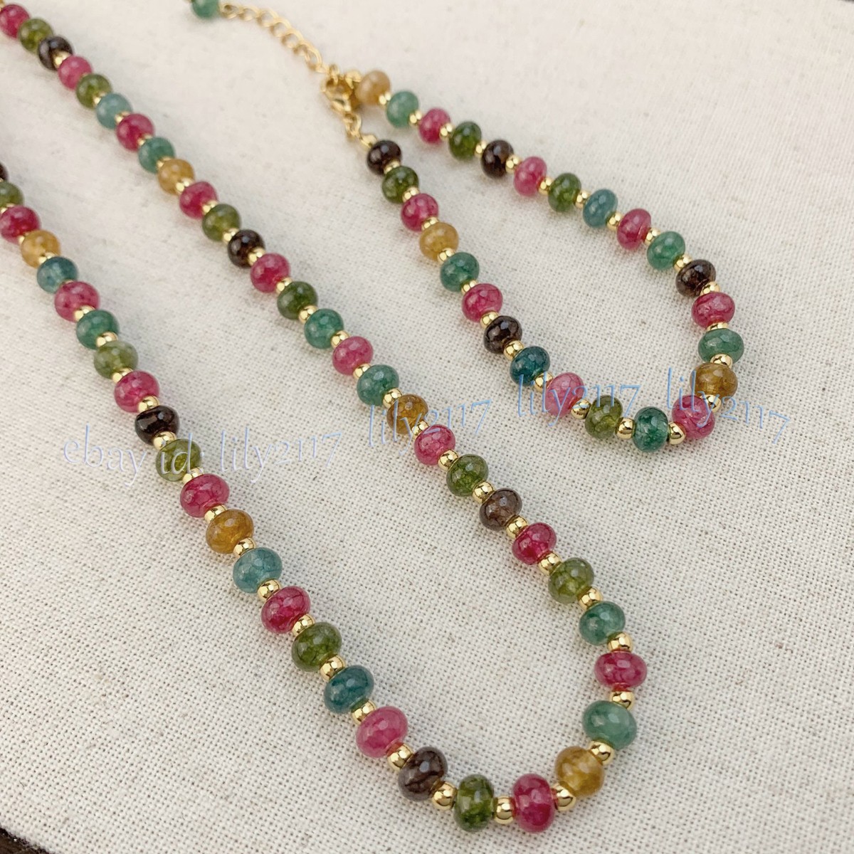Beauty Natural Colorful Tourmaline Rondelle Gemstone Beads Necklace Bracelet Set