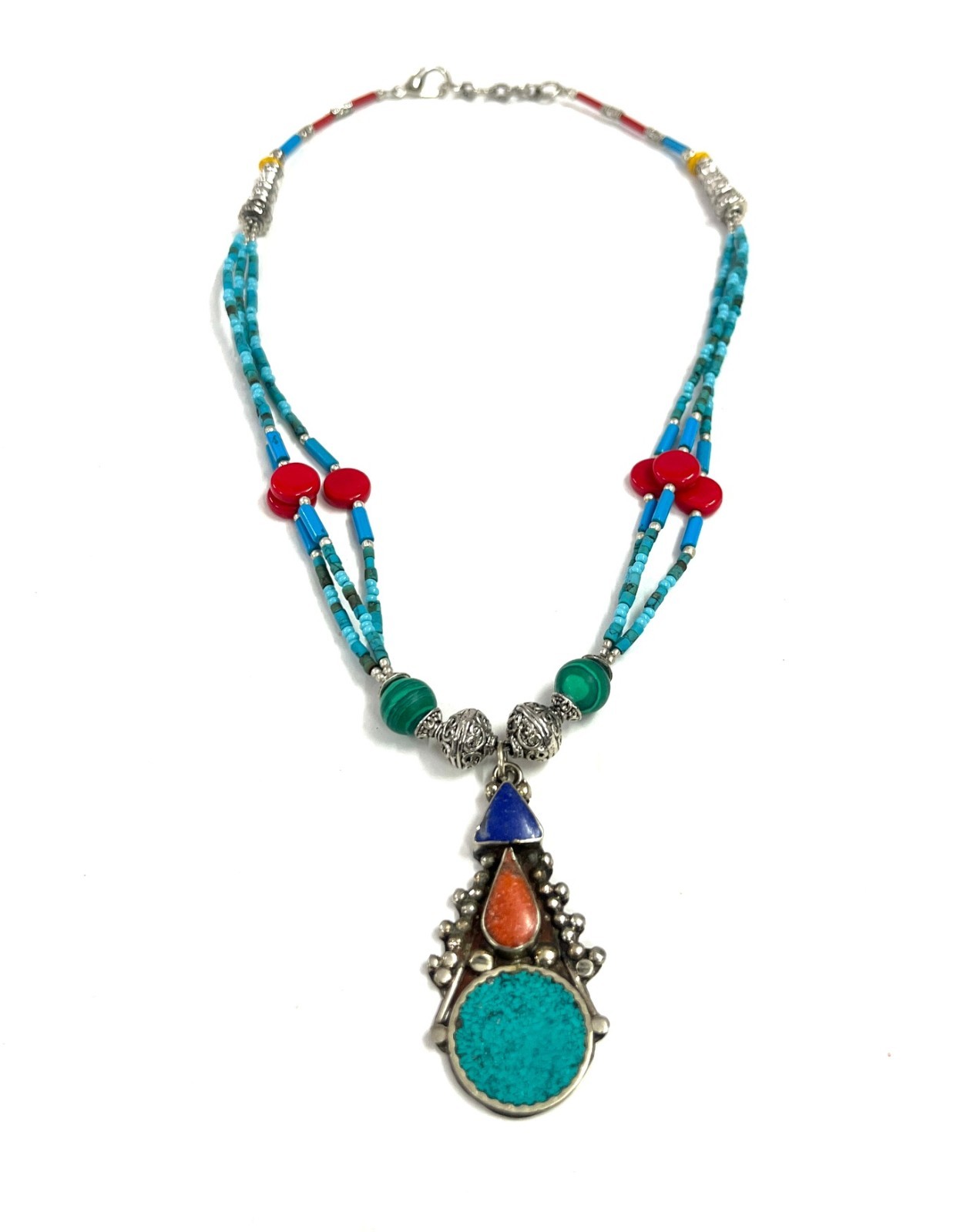 Ethnic Turquoise Lapis Gemstone Tibetan Pendant Necklace Jewelry, 17 Inch Adjust