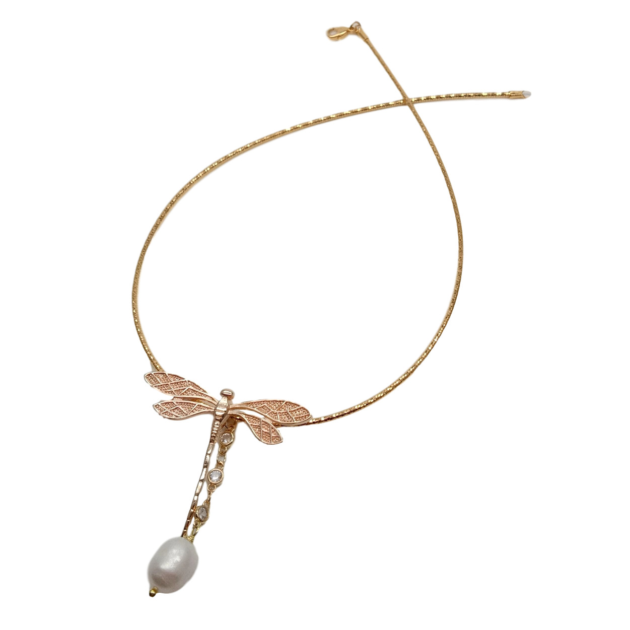 Gold Plated Dragonfly Charms White Rice Pearl Choker Necklace 16″