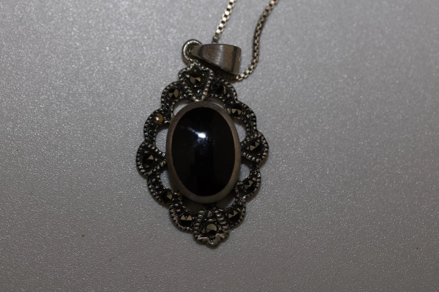 Vintage Agi Sterling Silver Onyx Marcasite Pendant Necklace 925 Italy 16″ Box