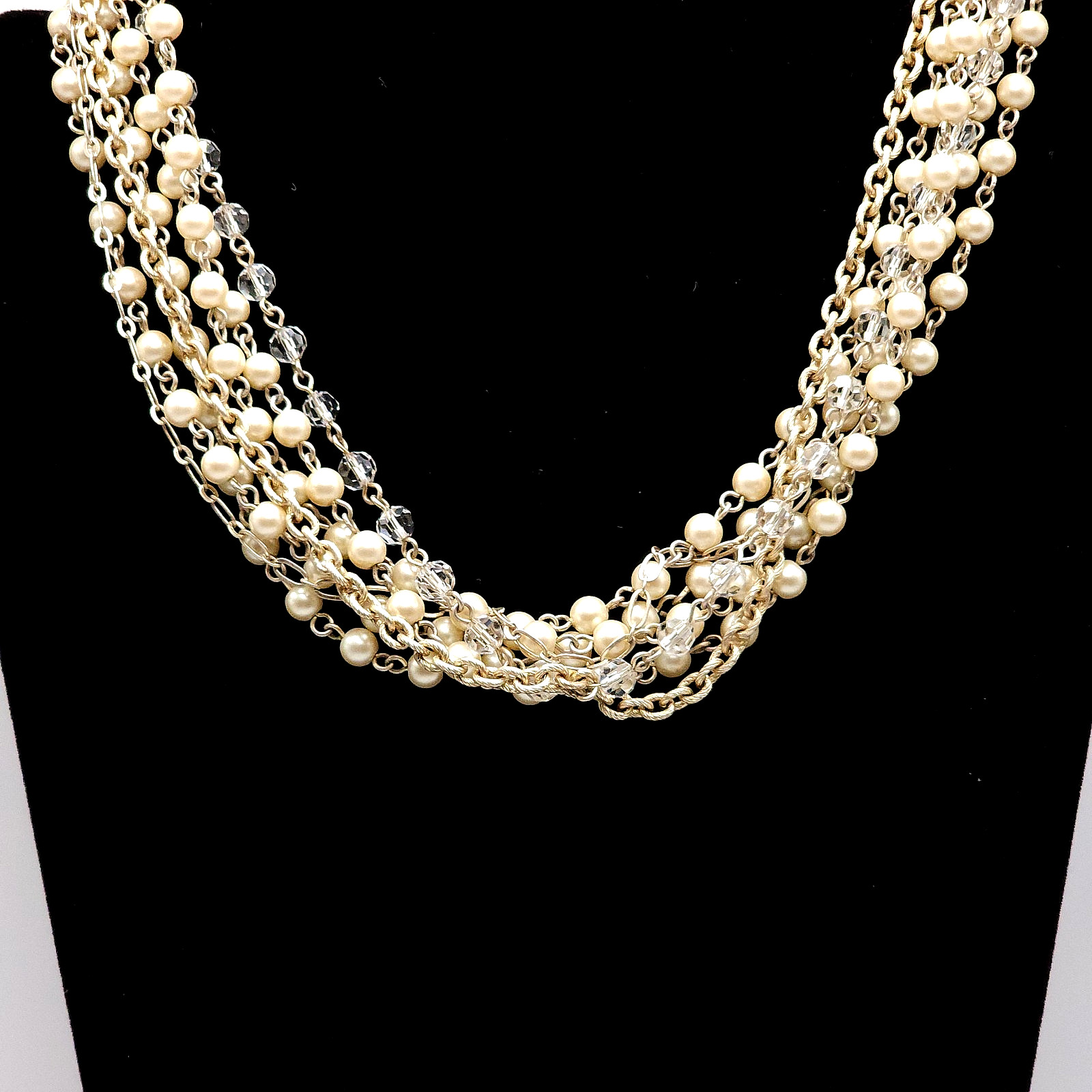 Alan Schwartz Multi Strand Faux Pearl Crystal Necklace Gold Tone Toggle 19in