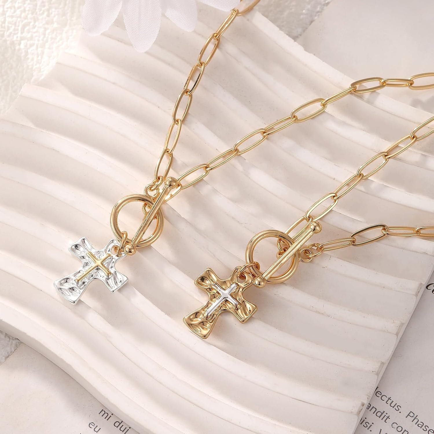 Trendy Silver Plated Cross Necklace for Women Layered Paperclip Chain 46cm