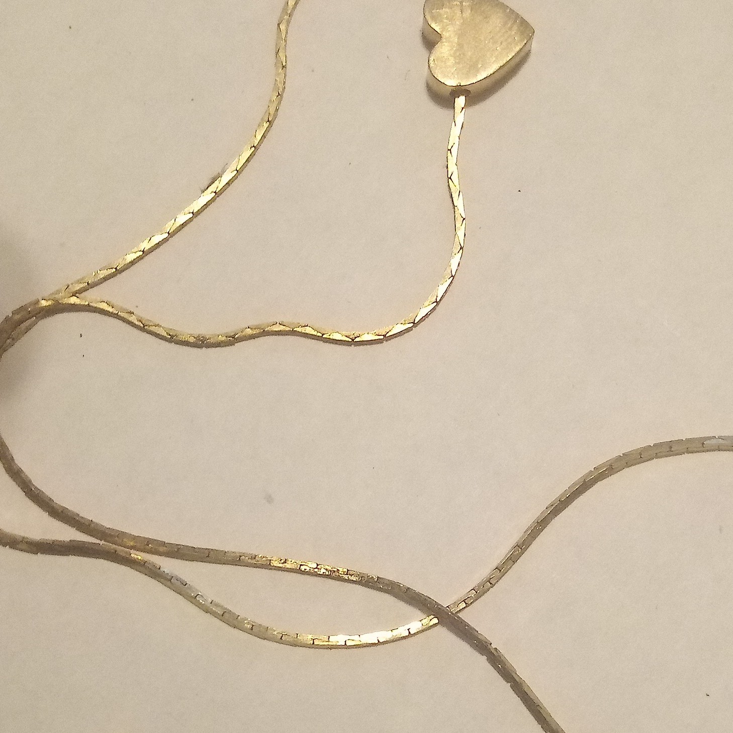 Gold Tone Herringbone Chain Necklace, Heart Charm Pendant, No Stone, Spring