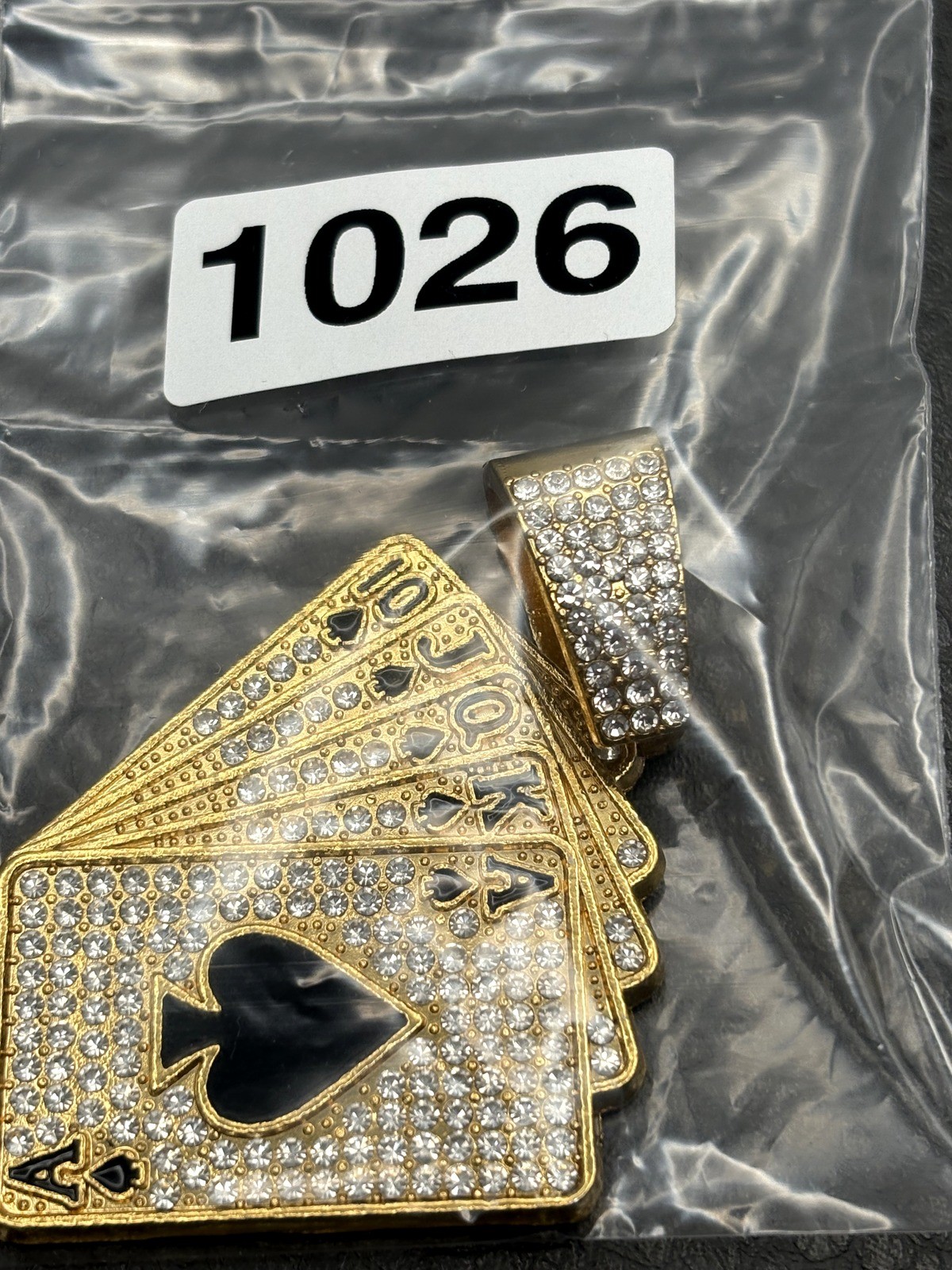Gold Tone Iced Out Royal Flush Playing Cards Poker Pendant Hip Hop CZ Stones