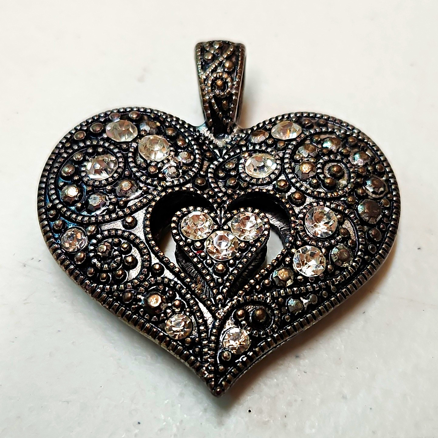 Heart Pendant Charm with White/Colorless Round Crystal Rhinestones, Silver Tone