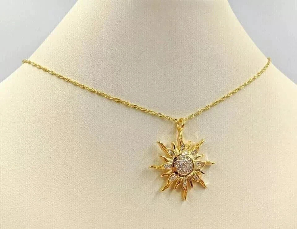 Women’s 14k Yellow Gold Plated 1.50Ct Round Simulated Diamond Sun Pendant Chain