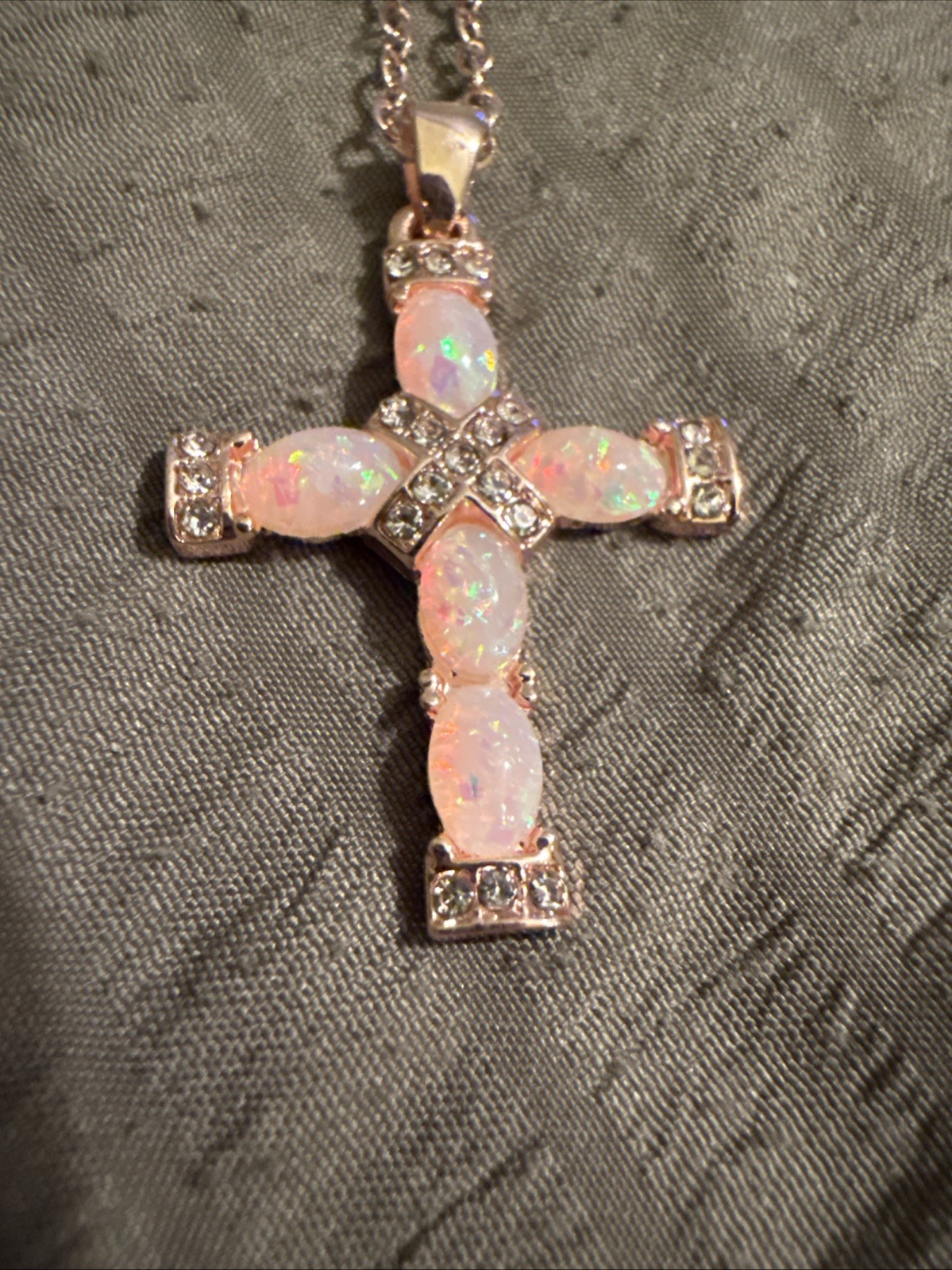 Rose Golden Hip Hop Pinkish Blue Glass Stones Cross Necklace W/rhinestones
