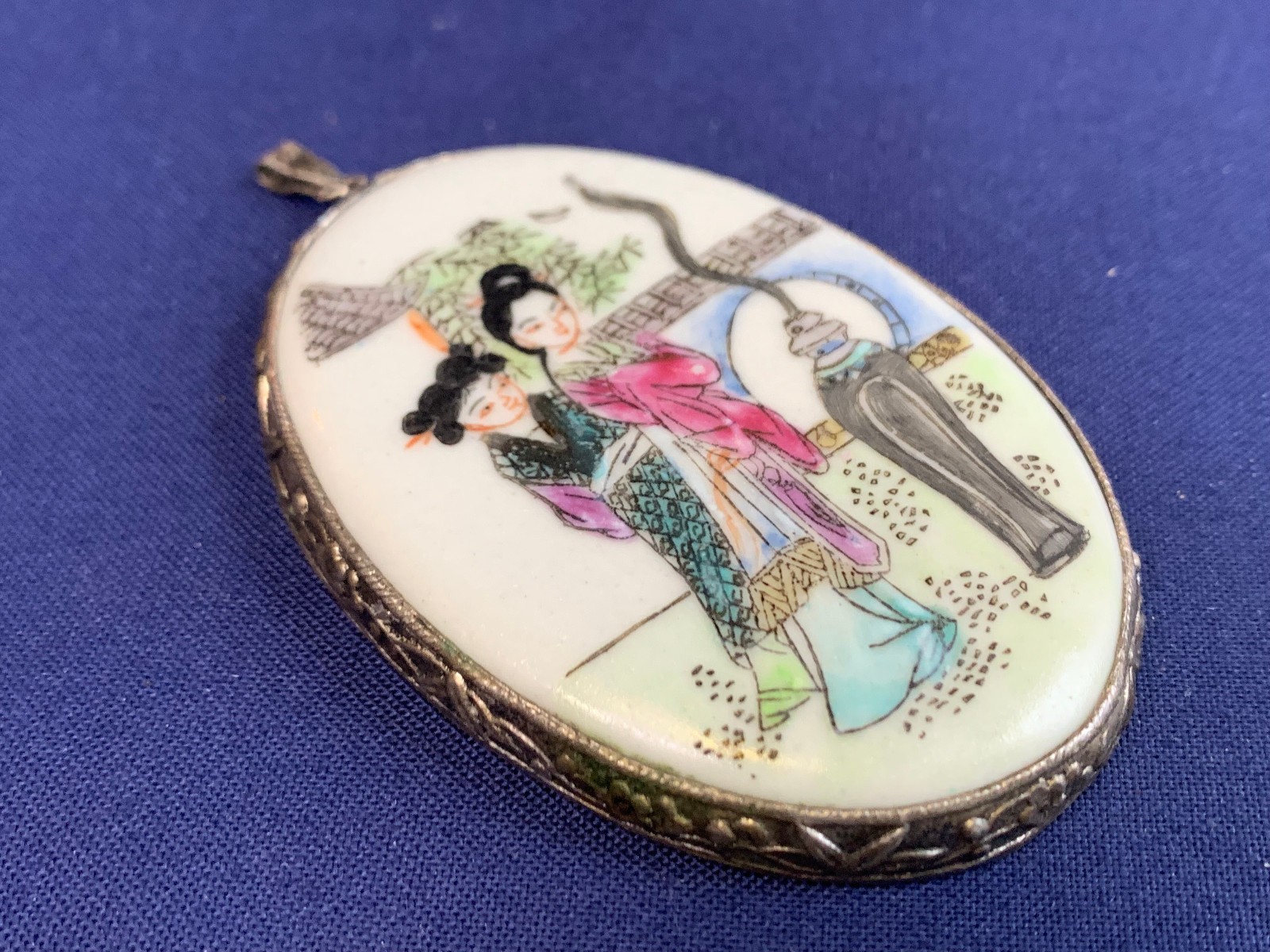 Hand Painted Asian Ladies Pendant Fashion Jewelry Porcelain Beijing China