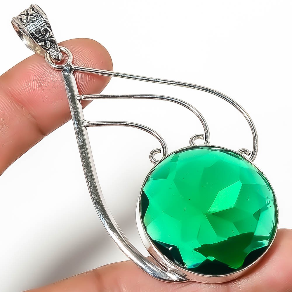 Emerald Quartz (Lab-Created) Gemstone 925 Silver Plated Pendant 3.12″ TP7785-288