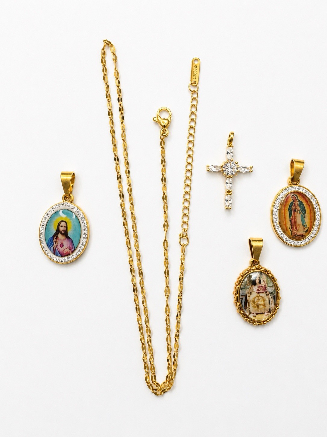 Lot Stainless steel stamped chain and pendants Jesus cross Virgin Mary gift set