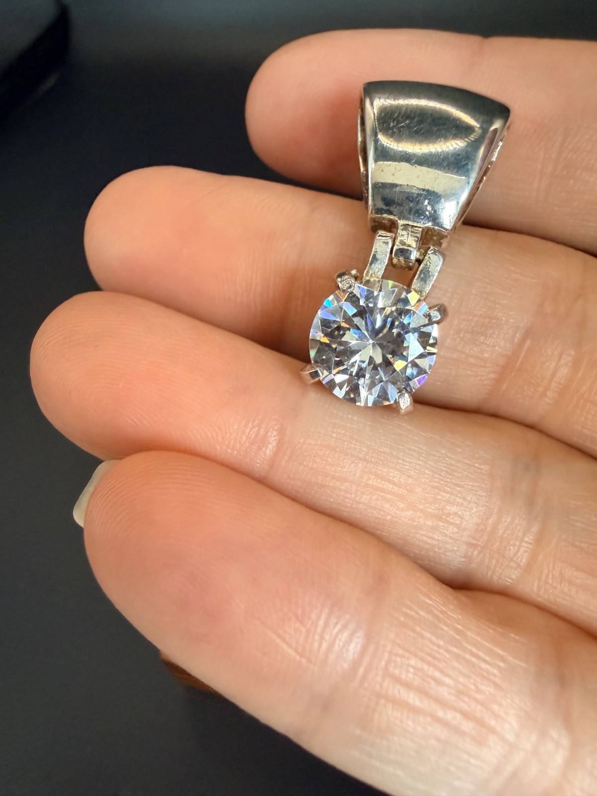 Large Round CZ Solitaire Pendant Silver Plated Statement Slide Bail 9.89mm VTG