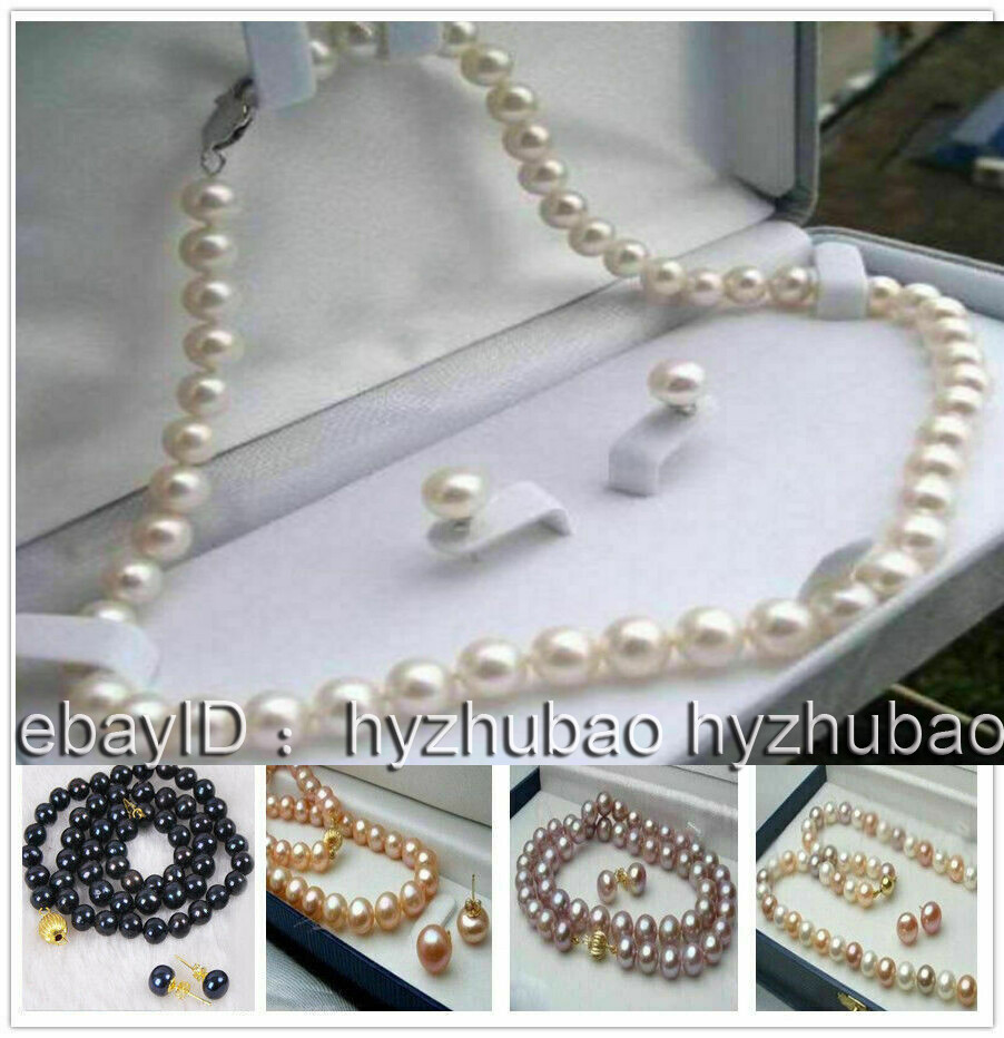 16″-50″ 7-8mm /8-9mm Natural Akoya Cultured Pearl Beads Necklace + Earrings Set