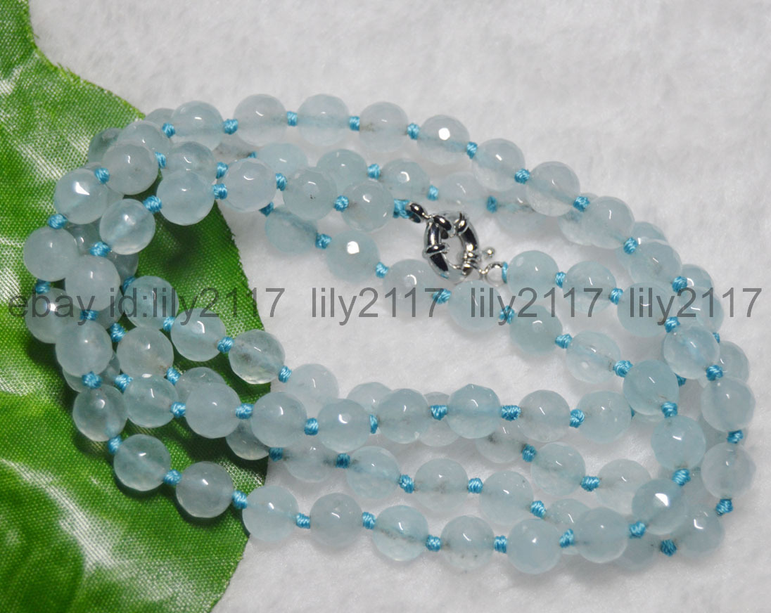 8mm Faceted Brazilian Blue Aquamarine Gemstone Round Beads Necklaces 24″