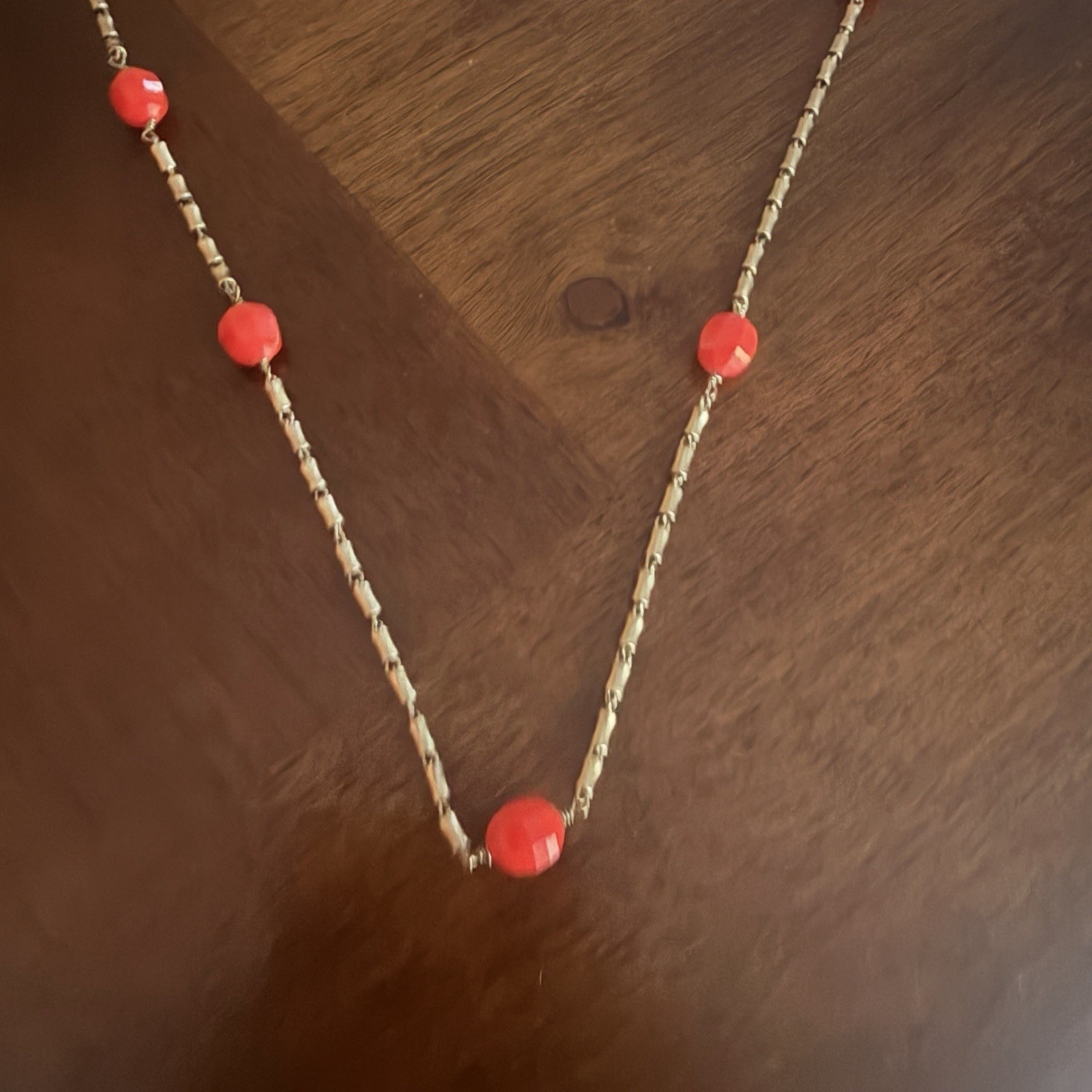 J.Crew Coral Beaded Station Necklace Gold Tone Long Chain One Size