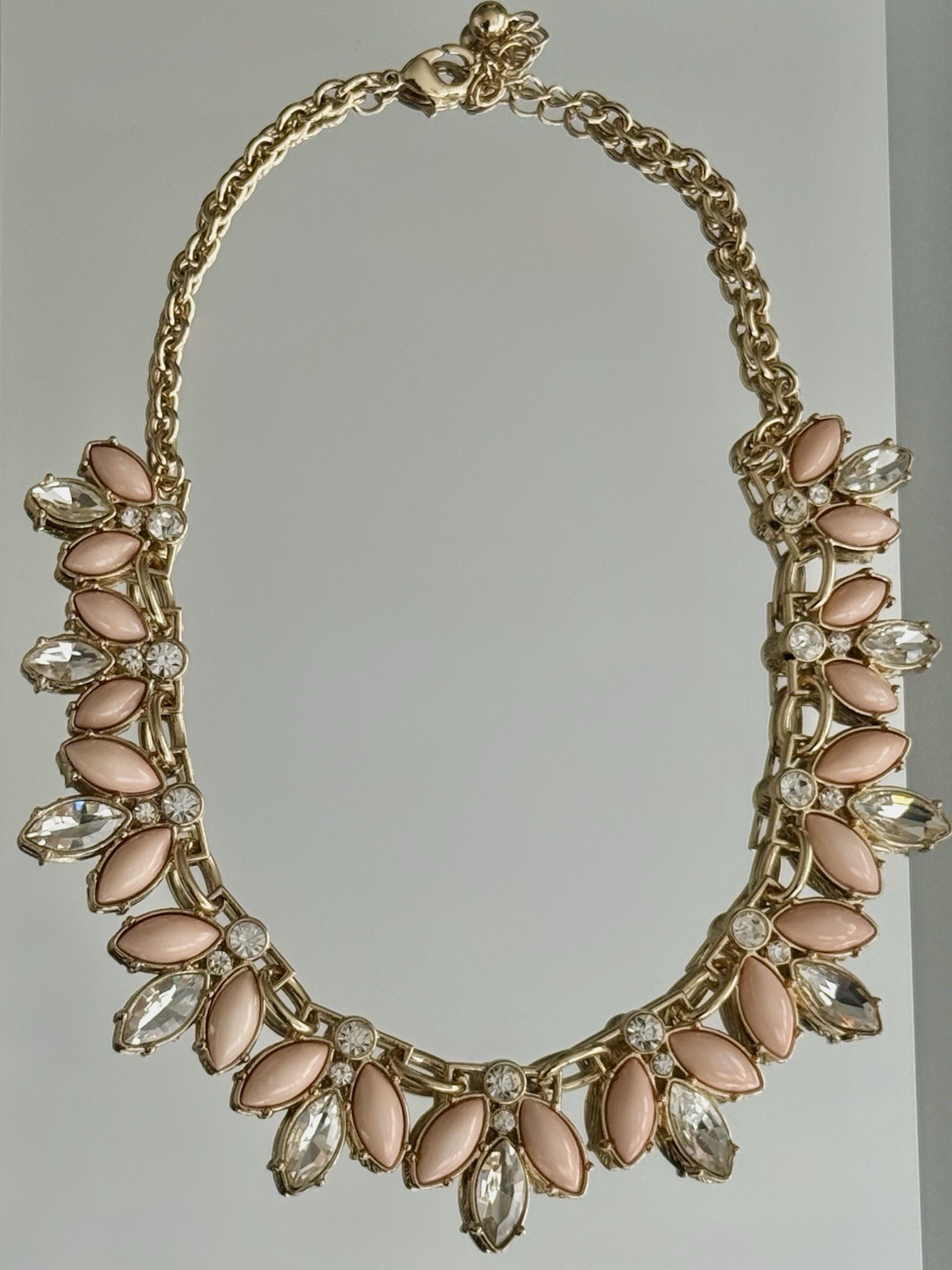 VTG Czech Peach Navette Acrylic Gold Tone Crystal CZ Teardrop Necklace Long