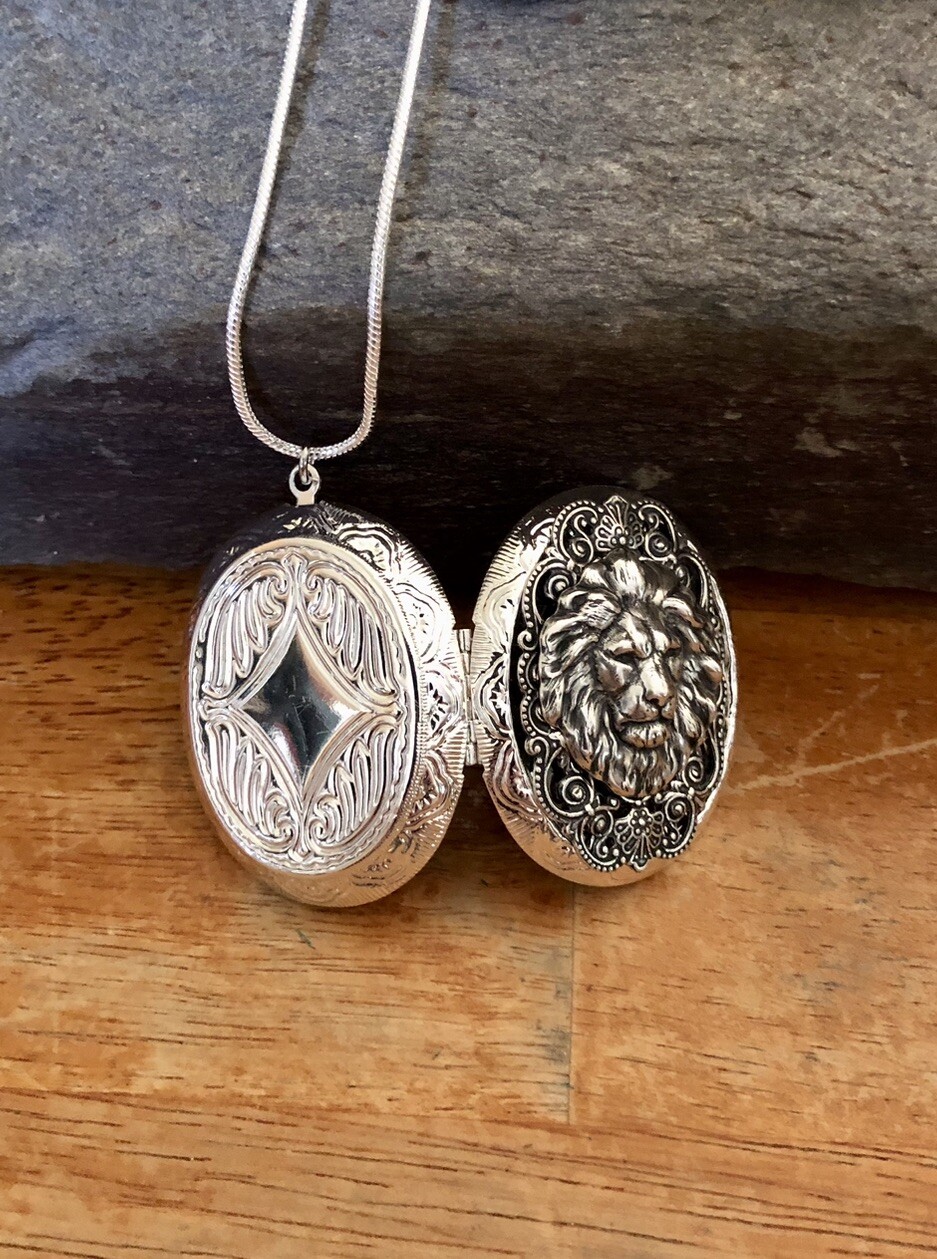 Lion Head Locket Necklace Art Nouveau Photo Pendant, 925 Sterling Silver Chain