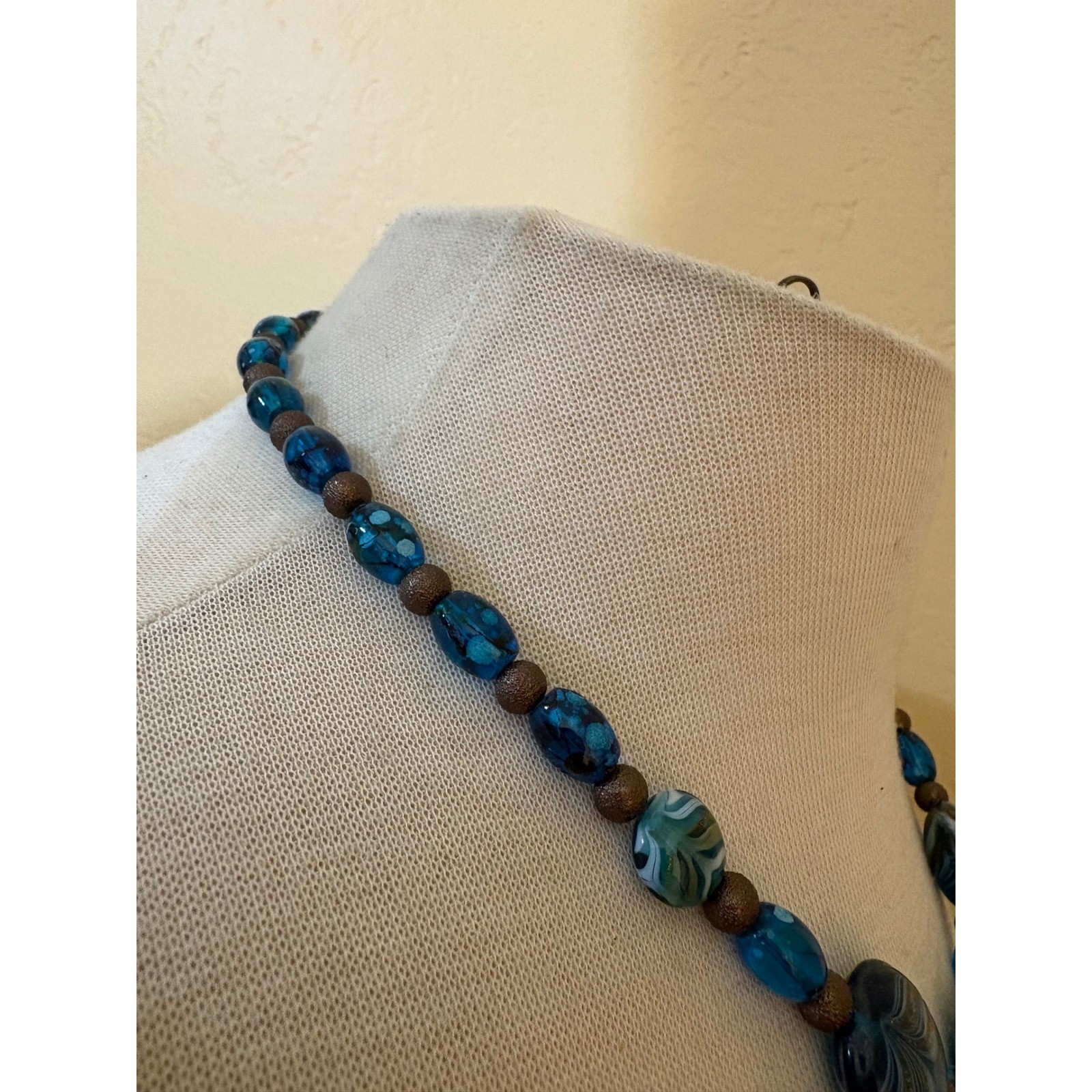 Blue Swirl Art Glass Bead Statement Necklace Bronze Tone Lobster Clasp Boho