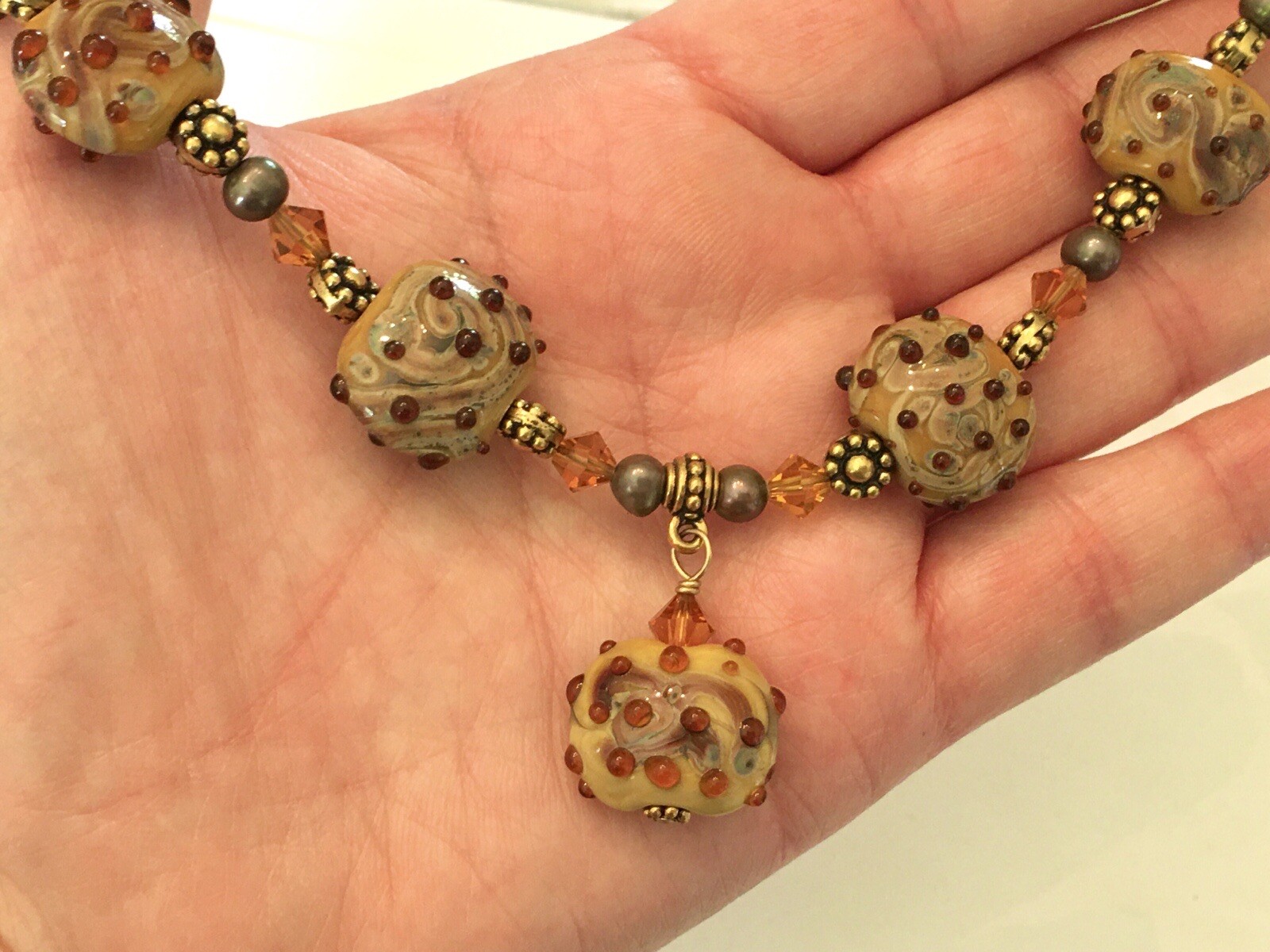 Designer Lampwork Art Glass Bead ~ Swarovski Crystal ~ FW Pearl ~ 18” Necklace