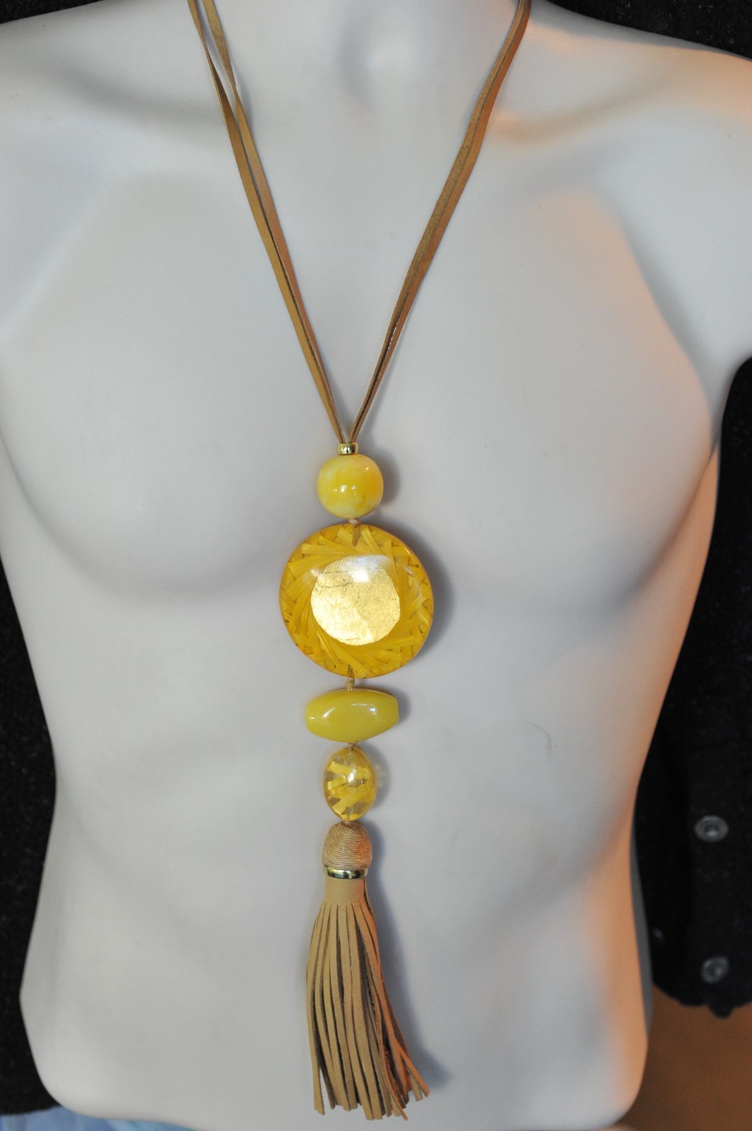 Chico’s necklace faux leather chunky tassel boho long costume yellow straw B