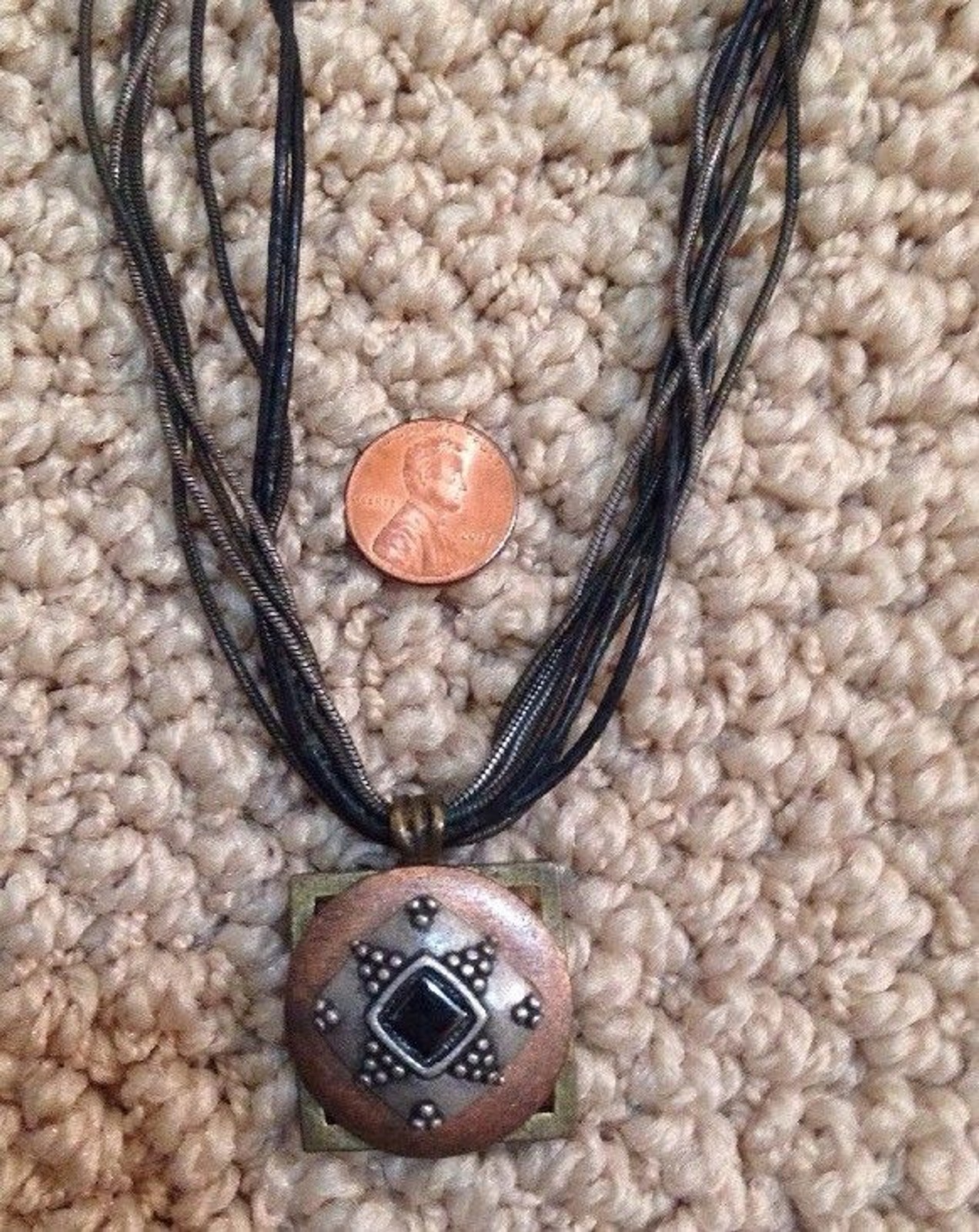 CHICO’S Metal Geometric Pendant Necklace Multi Strand Cord