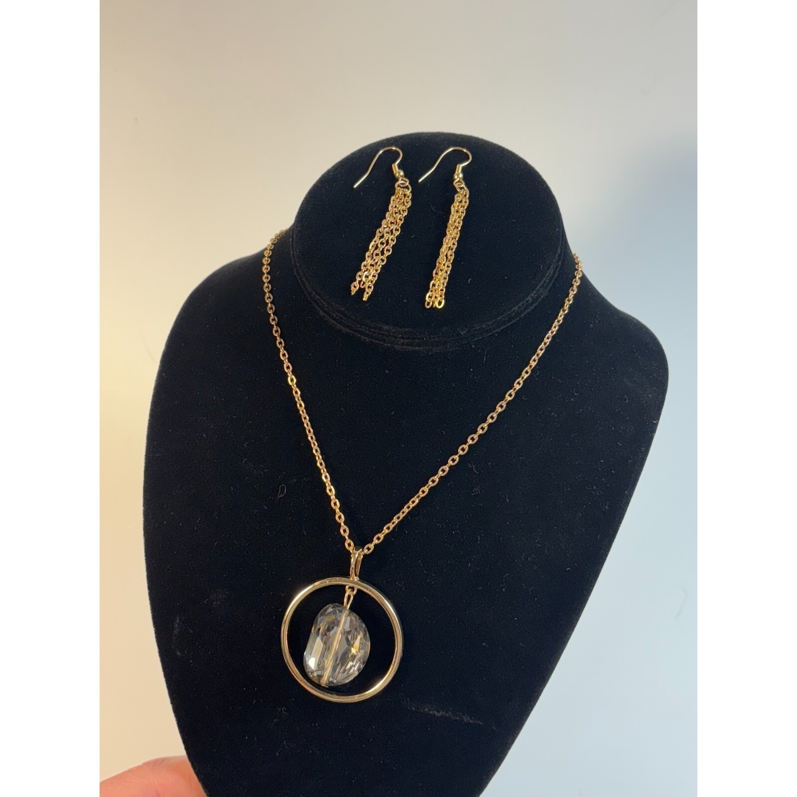 Necklace Lot Gold Tone Hoop and Bead Pendant Matching Chain Dangle Earrings