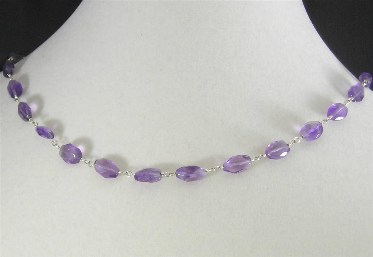Medium Purple Natural Amethyst Faceted Flat Oval Necklace 17″ Silver Plated