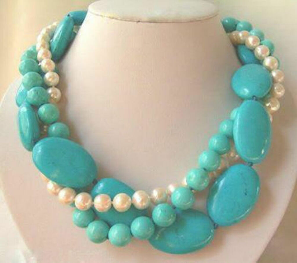 3Rows 7-8mm Natural White Pearl & Turquoise Jewelry Necklaces
