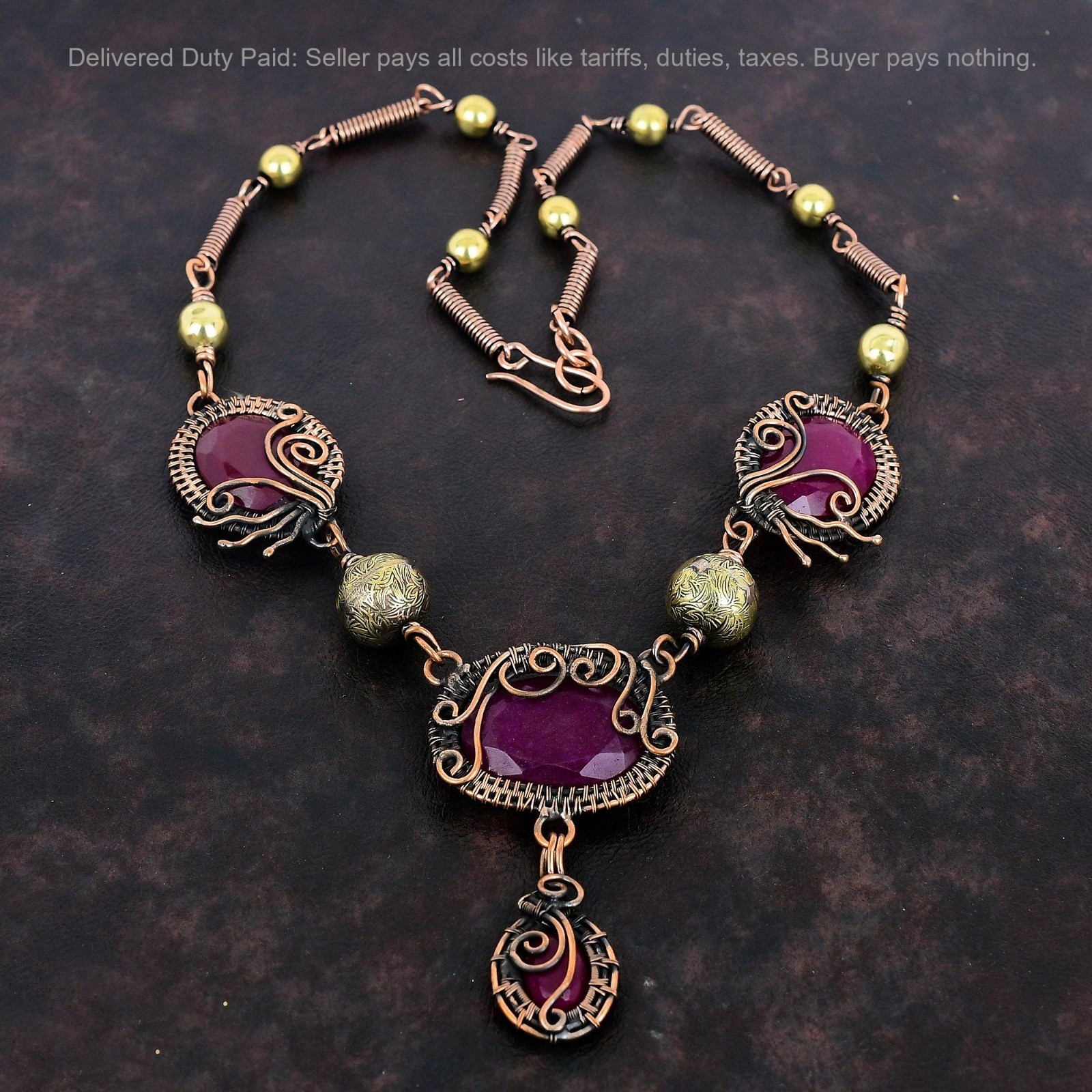 Halloween Sale Natural Kashmir Rubi Wire Wrapped Chain Mother Necklace Copper