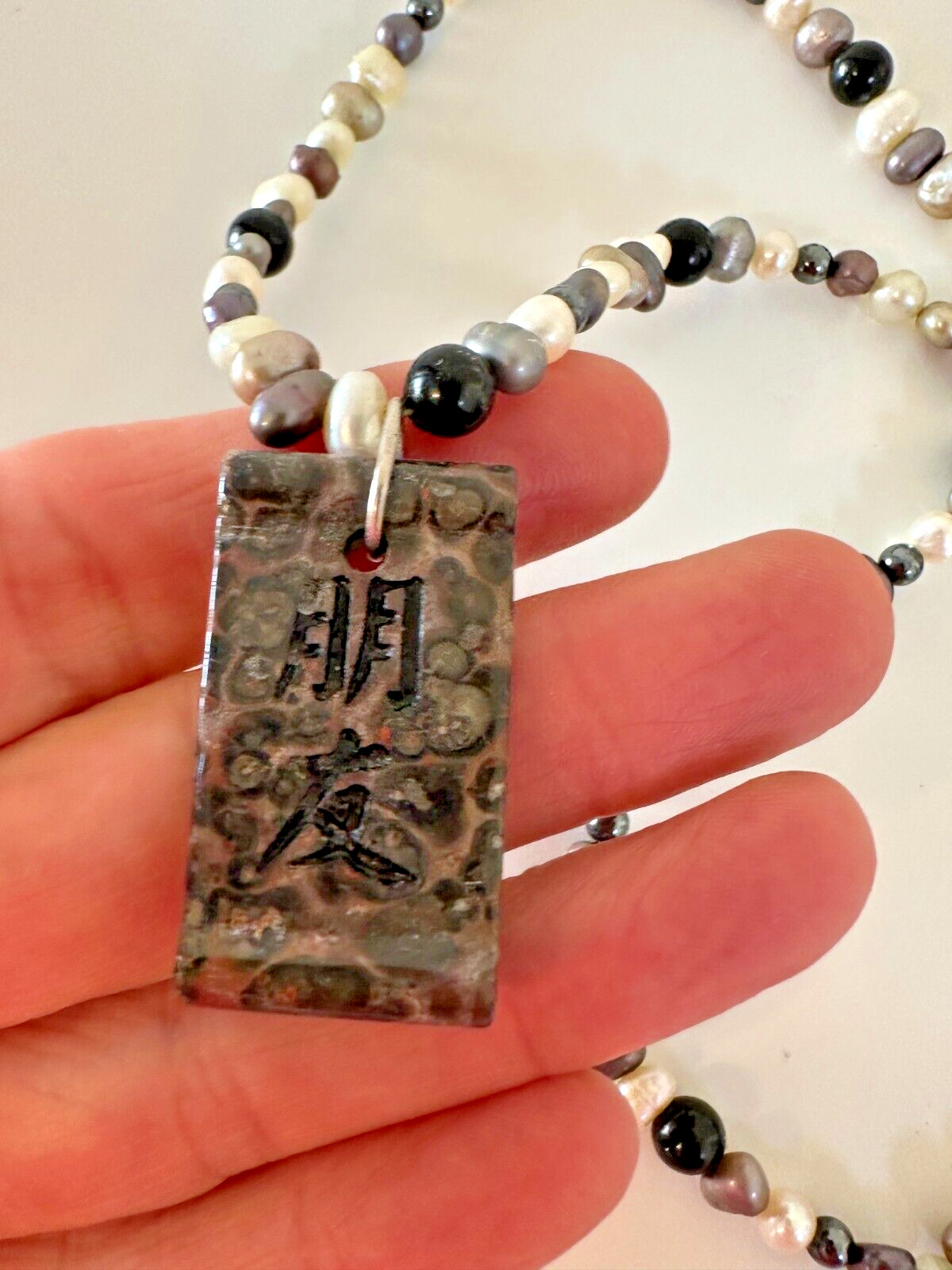 Paintbrush Jasper Pearl Necklace Pendant Asian Moon Sterling Silver Iridescent