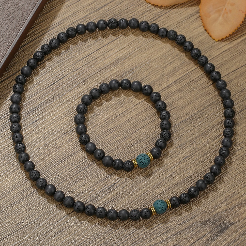 2Pcs Natural Lava Rock Stone Elastic Beaded Handmade Bracelet and Necklace Set