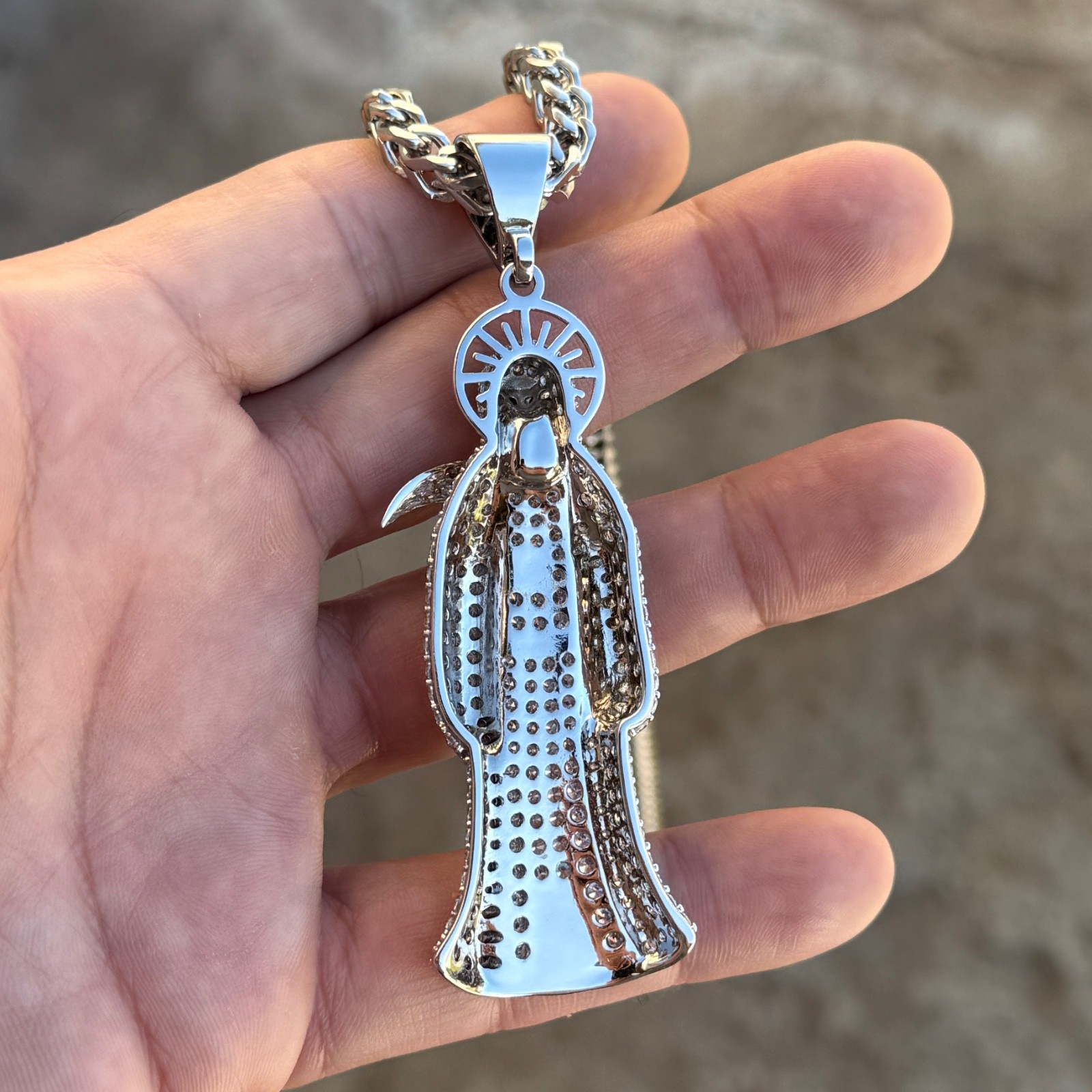 La Santa Muerte Pendant Cadena 3.5″ w/Stainless Steel Franco Chain Necklace 30″