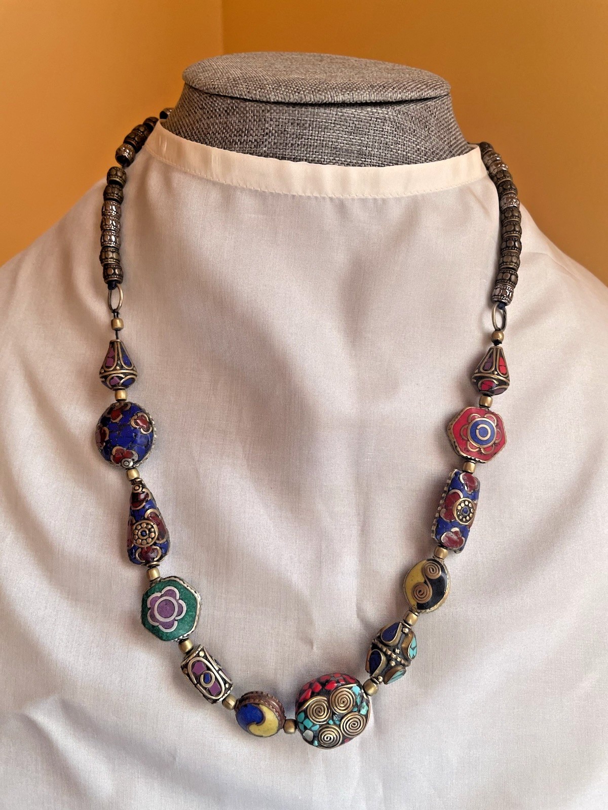 Multicolor Brass Semi Precious stones Inlay Work Nepal Bead Necklace 18” Length