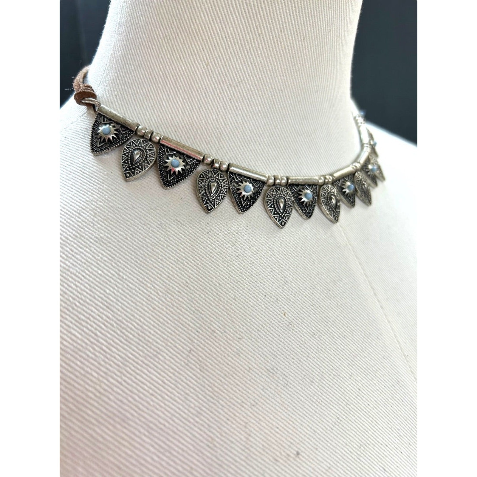 Cord and Metal Southwestern Style Necklace 15.5-18 Inch Silvertone Lobster Clasp