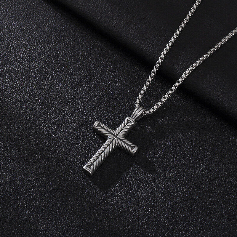 Boys Mens Stainless Steel Vintage Cross Pendant Necklace Men Women Silver