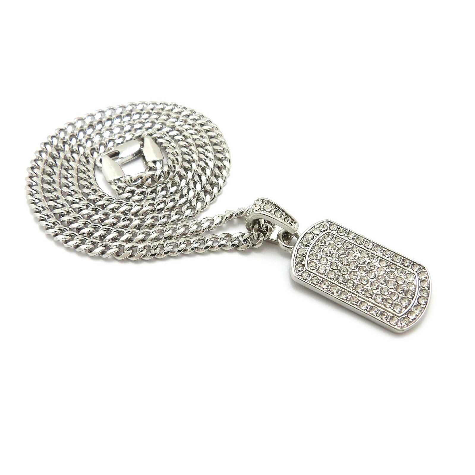 CUBIC ZIRCONIA SILVER PLATED ALLOY DOG TAG & 24″ BOX ROPE CUBAN CHAIN NECKLACE
