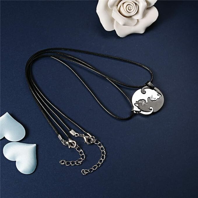 2 Piece Black & Silver Cat Matching Necklace Couple Cute Pendant Love BFF, Gift