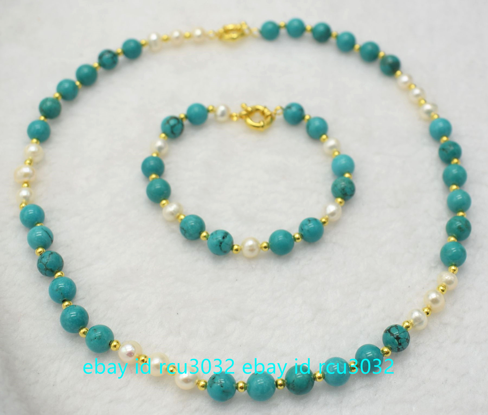 Natural 8mm Blue Turquoise & 7-8mm White Pearl Necklace Bracelet Set 20”